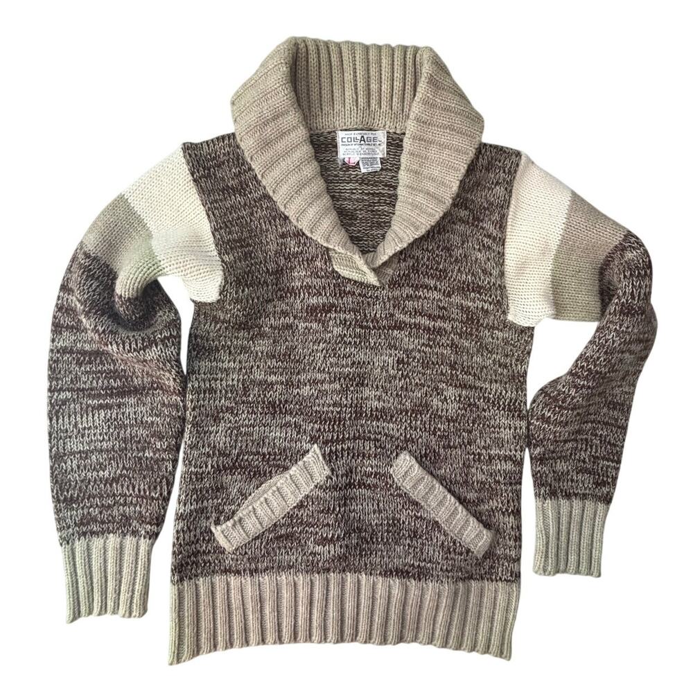 Vintage Boys Sweater Shawl Collar Brown Tan Collage Brand Large 80s